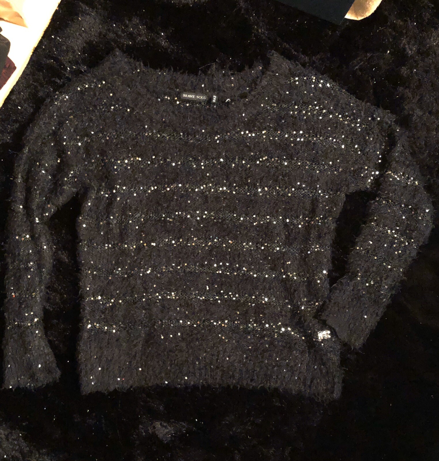 Womens Fur Sheer Jumper Black Sequins 