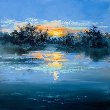 Oil painting Original Art River Landscape Sunset Colorful Sky Artwork 8 x 8