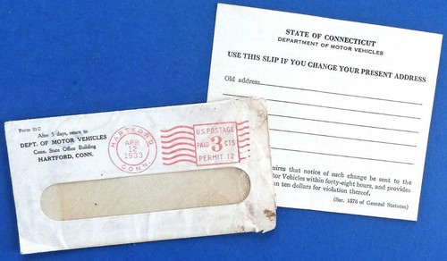 1933 CONNECTICUT DMV Change of Address Form in Envelope | eBay