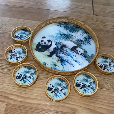 Vintage DH Holmes Panda Bear Coasters and Serving Tray Bamboo Home Decor