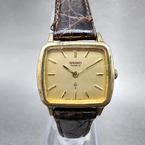 VTG Seiko Watch Women 23mm Gold Dial Gold Tone Rectangle 4720-5020 New Battery