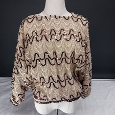 1980s Sequin Dolman Sleeve Blouse Women  s M Semi Sheer Elastic Hem Formal Cruise