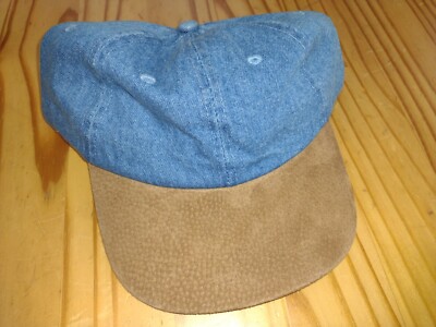 Blue Denim Jean Hat, Brown Suede Brim Unisex Cap w/Adjustable