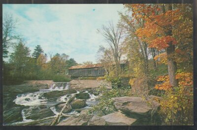 Covered Bridge Thetford Center Vermont Fall Foliage Rushing Stream Small Falls