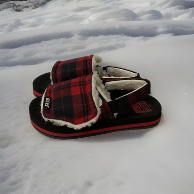 Reef Little Ahi Camper Faux Fur Lining Girls 7/8 Slippers Sling Back Red Plaid