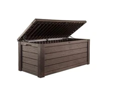 Keter Outdoor Storage Deck Box, 150 Gallon Resin Patio Bin & Bench, Wood Grain, 