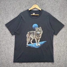 Vintage Wolf Shirt Mens Large Black 90s Nature Moon Animal Outdoors Sun Force