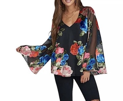 Show Me Your Mumu Women Black Floral Velvet Burnout Blouse Top Shirt Size S