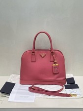 AUTH Prada Pink Saffiano Leather Gold Hardware Dome Satchel Handbag Crossbody