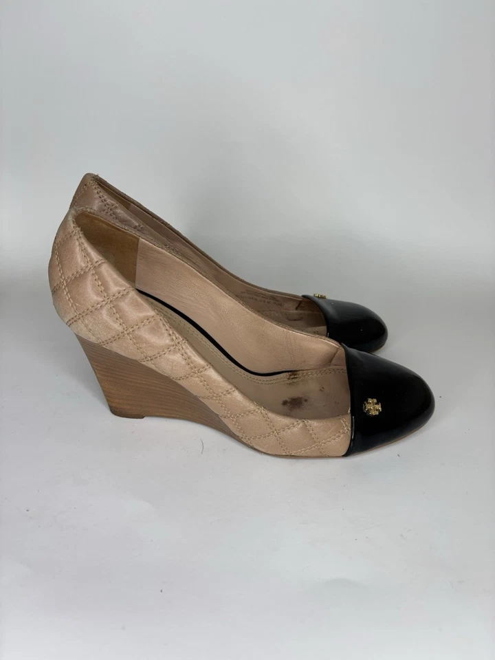 Tory Burch Shoes Wedge Heels Women Size 9M Beige Black Gold Logo Cap Toe - Image 2 of 4