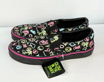 M6 W7.5- Vans Slip-On Glow In The Dark Black Neon Lights Emoji Skate Shoes