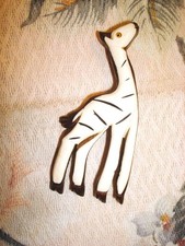 Vintage Off White Plastic and Wood Giraffe Brooch Glass Eye As Found KJ