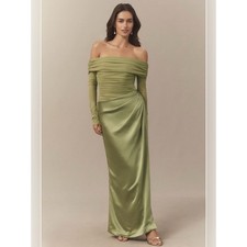 BHLDN Off-Shoulder Long Sleeve Stretch Mesh Maxi Dress Green Ruched Small