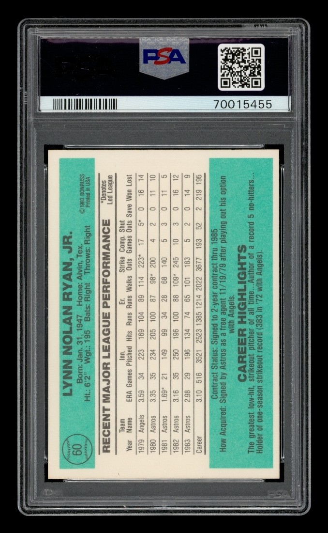 1984 Donruss Set-Break # 60 Nolan Ryan PSA 9 MINT view 2