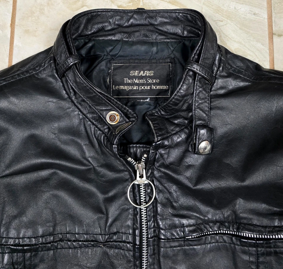 Vtg 60's Sears "The Men's Store" Leather Motorcycle Jacket Black Slash Pocket 40 - Image 4 of 4