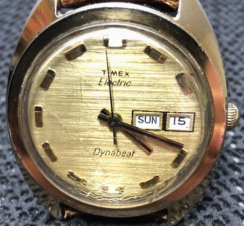 Vintage Timex Dynabeat Electric Watch Day & Date Gold Tone For Parts or Repair.