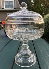 Vintage Compote Glass Etched Candy Dish Pedestal Lidded clear bowl