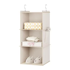 3-Shelf Beige Hanging Closet Organizer Foldable Storage Shelves for Sweaters