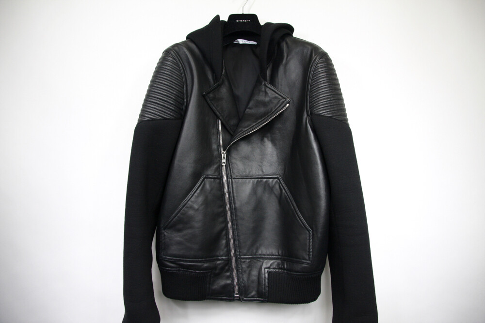 $3k+ Givenchy Black Leather Neoprene Hooded Biker Jacket $3k+ Givenchy Black Leather Neoprene Hooded Biker Jacket