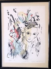 LITOGRAFIA A COLORI DI ERNESTO TRECCANI CHE RAPPRESENTA UN VOLTO CON FIORI