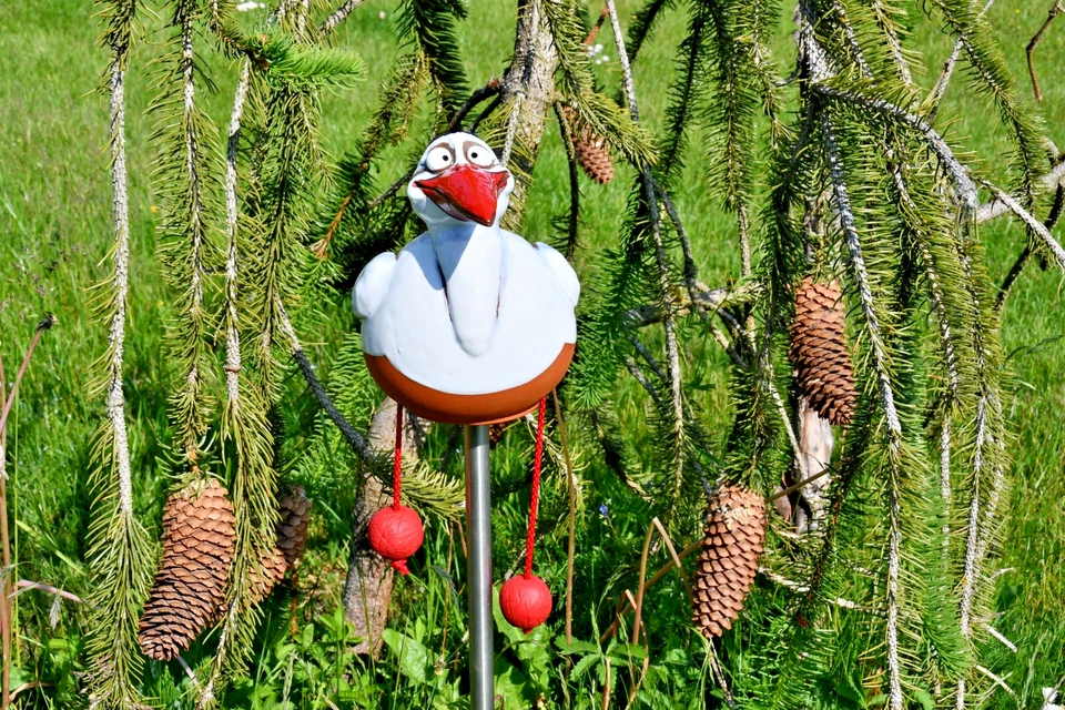 Keramik Gartenkugel Dekoration Statue Vogel Storch H12cm Midene Handgefertigt - Bild 2 von 4