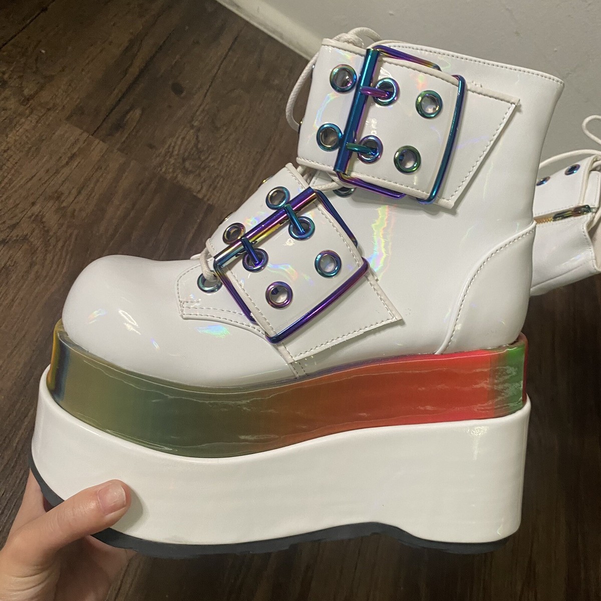 Demonia BEAR-104 White holographic UV reactive boots DISCO