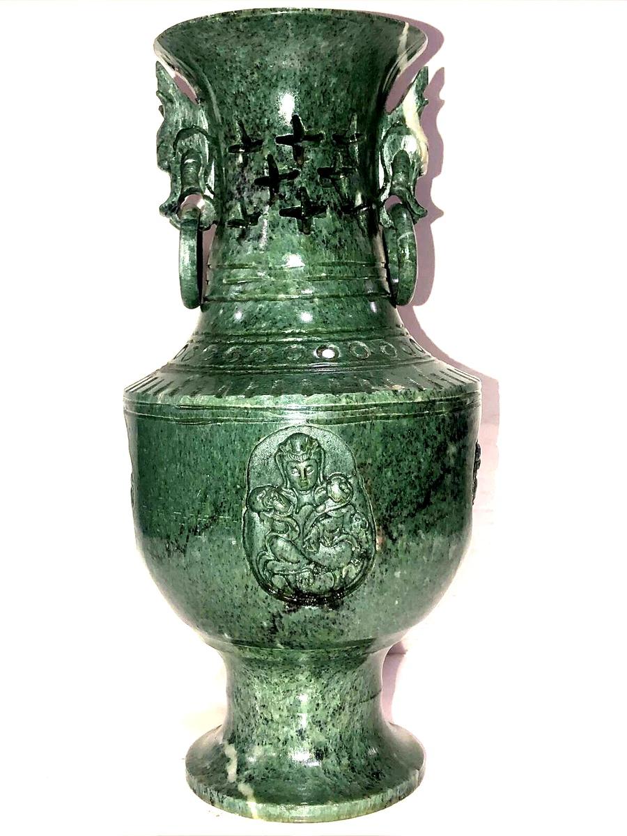 中国古玩 唐物 河南翡翠 花彫刻 花瓶 置物 高24cm 台付 天然石 筆筒