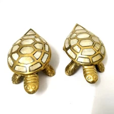 2 Brass Tortoise Figurine, Brass Jewelry Box, Mother Pearl Box Tortoise Ashtray