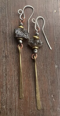 Handmade boho silver, copper, raw smoky quartz and brass long artistic Earrings