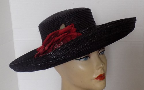 Vintage Large Wide Brim Black Woven Straw Hat with Red Rose