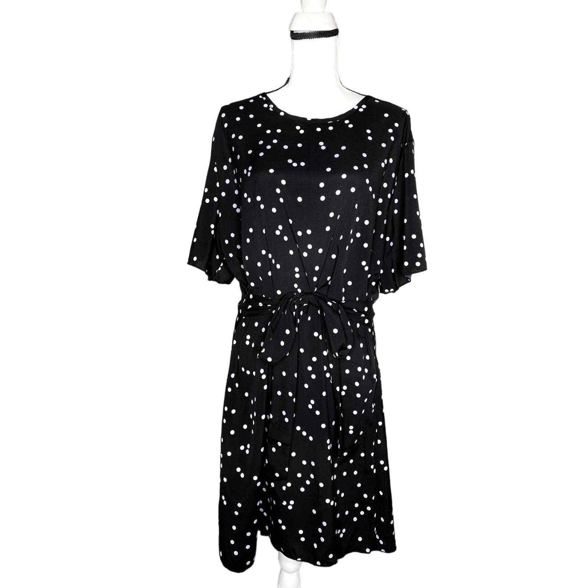 Shein Curve Polka Dot Cut Out Back Tie-Waist Dress Black White Size 4XL  Retro