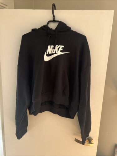 NIKE Womens Crop Oversized Graphic Hoodie Black Extra Large Pullover XL - Picture 1 of 4