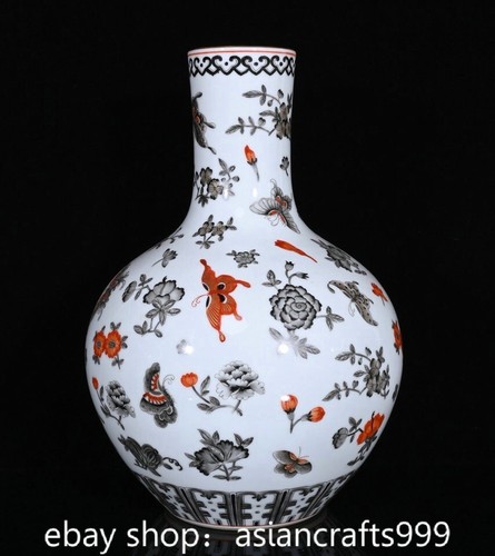 13.6" Qianlong Porzellan Schmetterling Blume Muster Sky Ball Flasche Vase - Bild 2 von 9