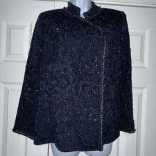 Carolina Herrera Midnight Blue Silk Sequined Jacket w/Mandarin Collar, Size 10