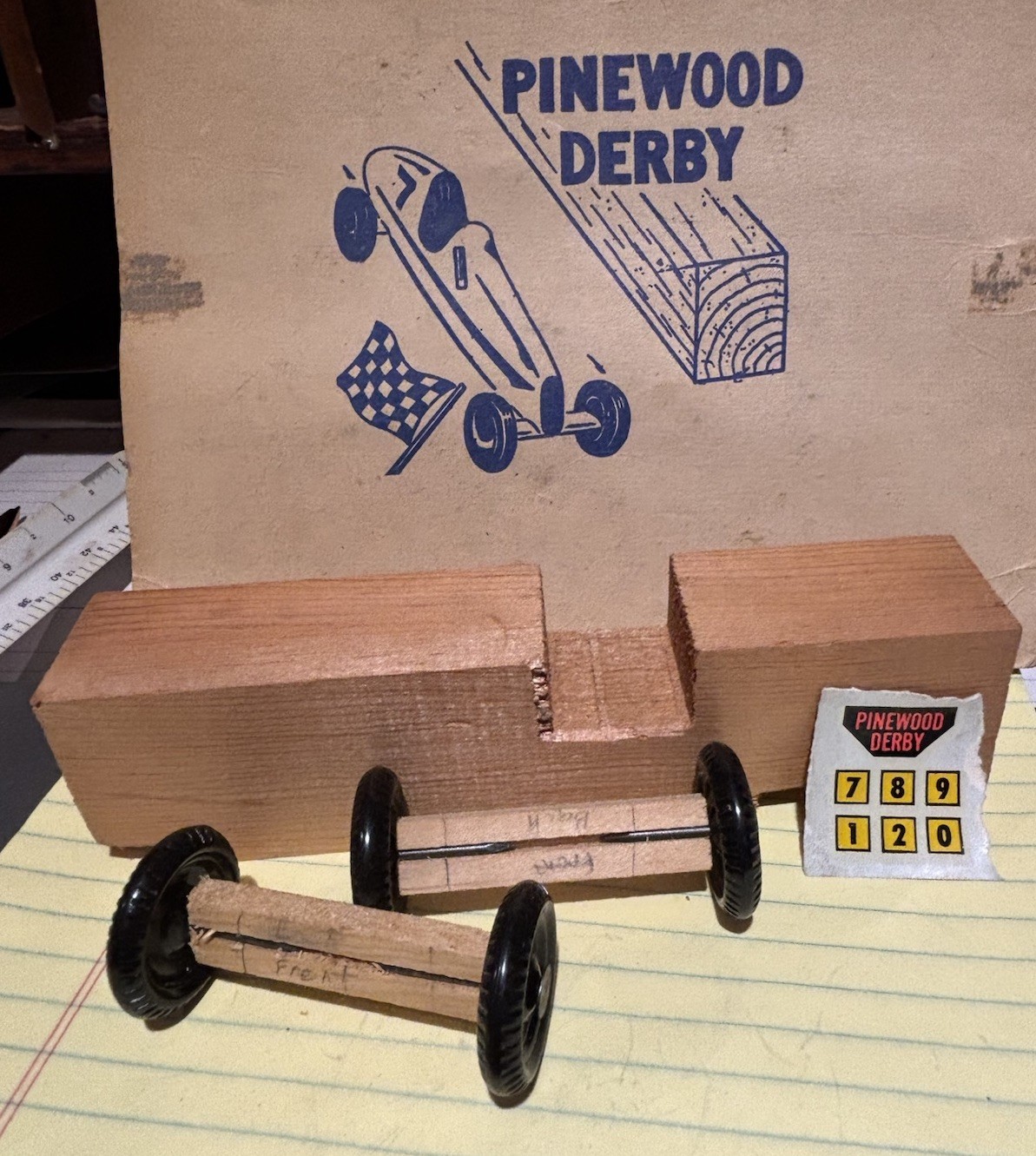 Vintage NOS “COLLECTOR” Pinewood Derby Kit With Flat Wheels