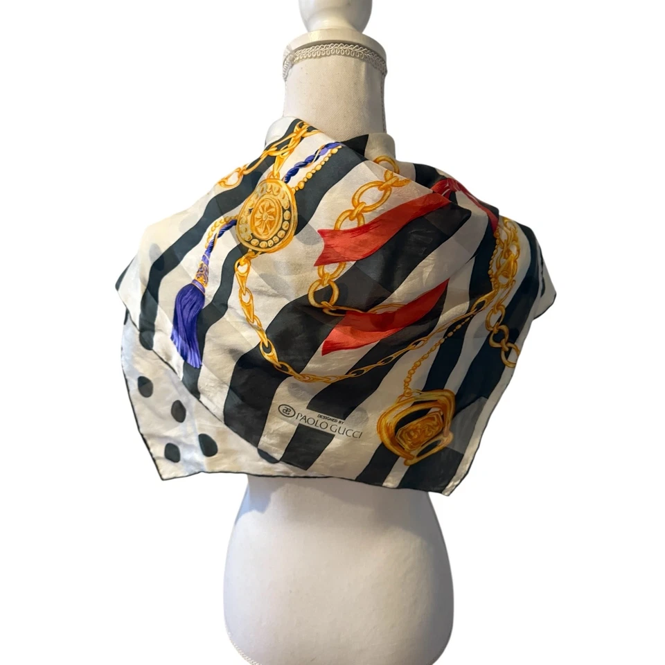 Paolo Gucci Bufanda Grande Seda Gasa Ecuestre Negro Blanco Estampado Foto 4 de 4