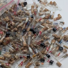 Lot of 100 Small Watch Parts Vials – Mixed Glass & Plastic w/ Cork/Cap