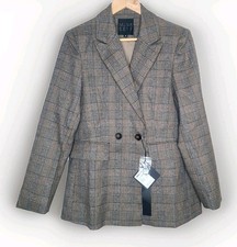 Mina Self Womens Brown Plaid Double Breasted Blazer Size L Office Workwear