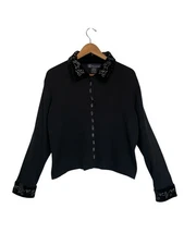 Main Line by Eagle's Eye Cardigan XL Black Silk Wool Beaded Velvet Collar