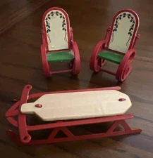 Dollhouse Furniture Size Red Metal 2 Rocking Chairs And Sled Lot Of 3 Holidays
