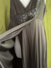 Vintage 80s Vanity Fair Long Black Nightgown Silky Nylon Lace Deep Slit Sz M