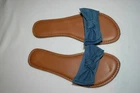 Womens Sandals BLUE DENIM LOOK SLIDES Open Toe KNOTTED BOW Size 6 7 8 9 10 11