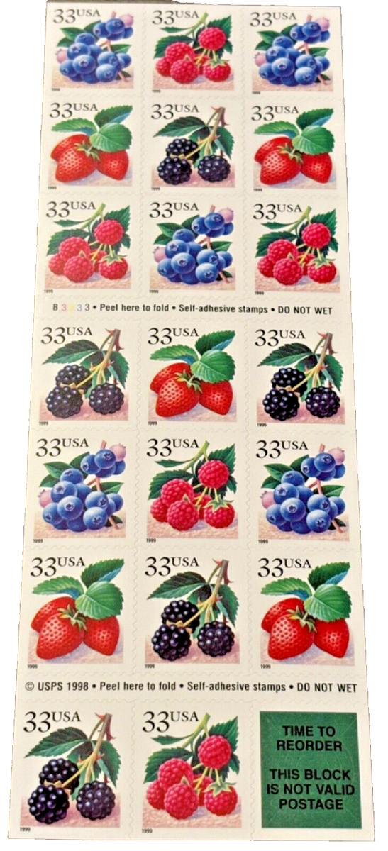 FRUITS　1998 1998 FRUIT BERRIES 20 Stamp 33c Self Adhesive Souvenir Sheet USPS