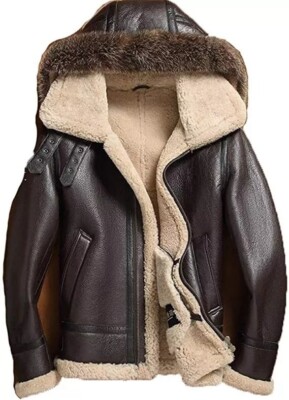 B3 Bomber Jacket Men Sheepskin Aviator Flight Leather Coat with Fur USA