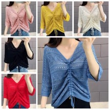 Lady Knitted Blouse Top T-shirt Pullover V-neck Drawstring Breathable Casual