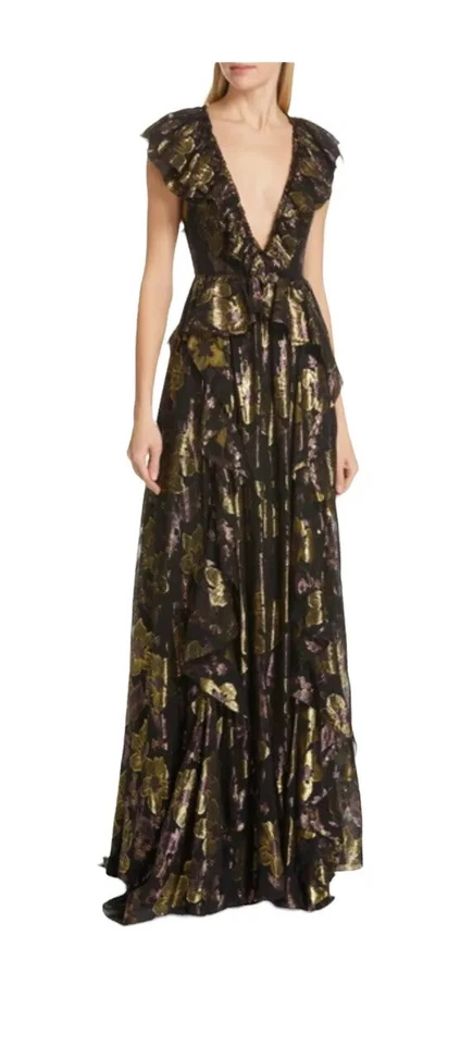 Ulla Johnson Demetria Gown Black Silk Metallic 12 Plunge Neckline Floral Ruffle - Image 2 of 4