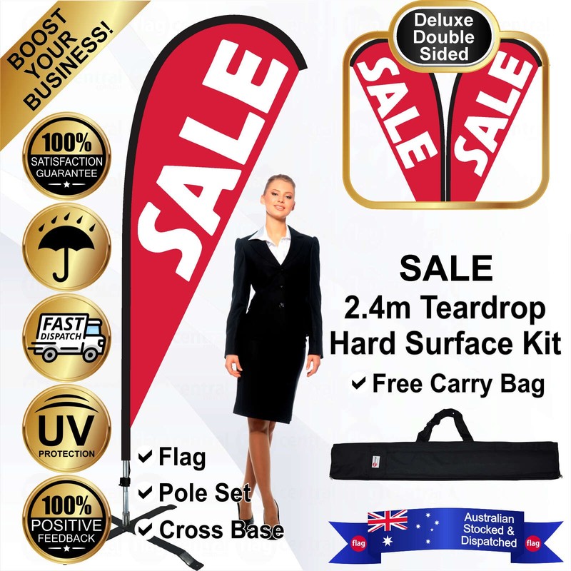 K - SALE Deluxe Red 2.4m Teardrop Flag / Banner Kit with Pole Set, Steel Outdoor Cross Base and a Free Carry Bag - 1