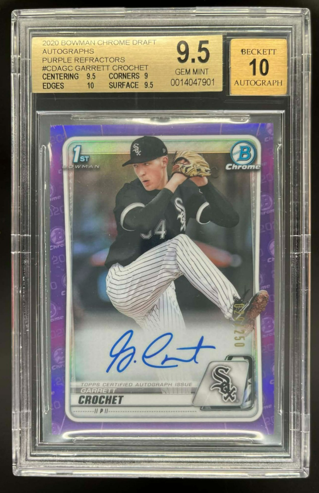 2020 BOWMAN CHROME DRAFT GARRETT CROCHET 1ST AUTO PURPLE 029/250 BGS 9.5/10 GEM