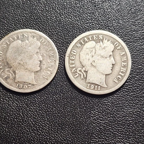 1907-P & 1911-P  US Barber SILVER Dimes!  10 c  Junk  Old US 2 Coins