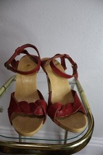 Vintage Candie's Red Leather Wooden Platform Ankle Strap Sandals Size 9